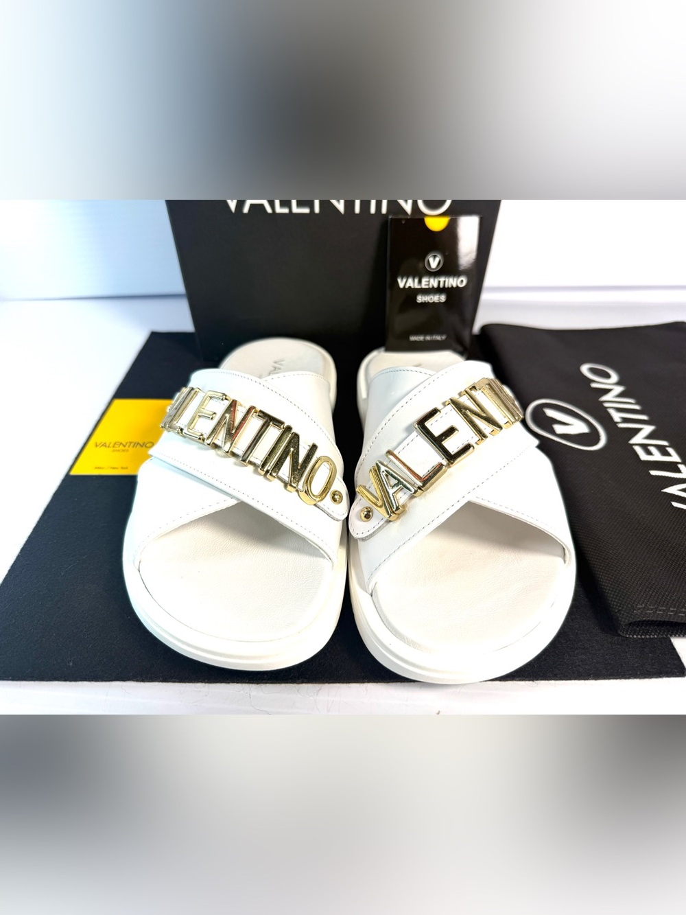 Valentino GEA White Leather Slide Sandals with Gold Logo Hardware